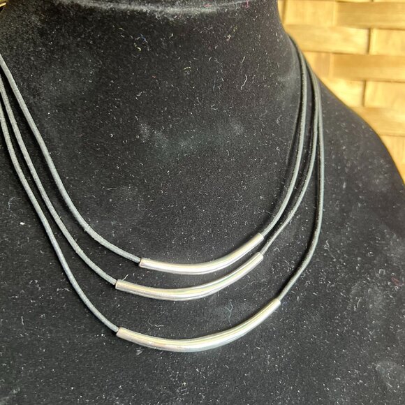 Silpada Black Leather Sterling Silver Tubes Necklace Multi Strand - Picture 3 of 4